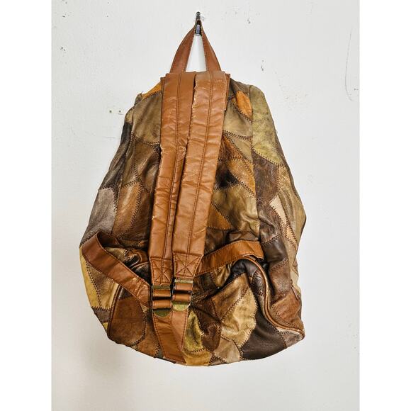 Vintage 1980s/90s Brown Leather Patchwork Clip Front Drawstring Backpack Bag - Picture 8 of 16